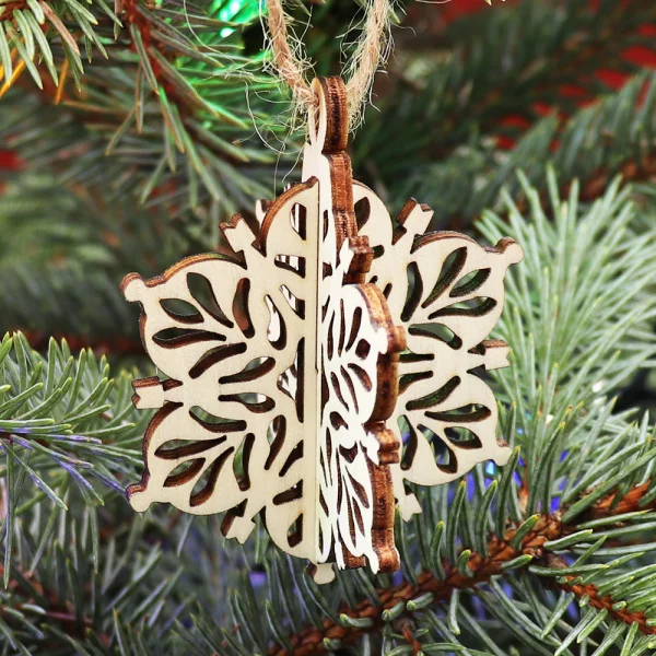 Drevená vianočná ozdoba na stromček 3D vločka 2