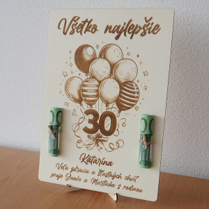 Drevená tabuľka k narodeninám s balónmi na peniaze, 21x30cm 3