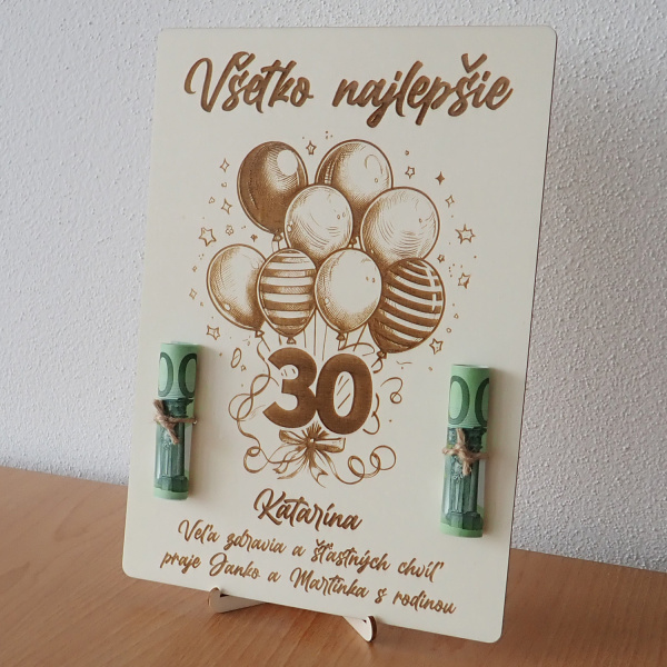 Drevená tabuľka k narodeninám s balónmi na peniaze, 21x30cm 5